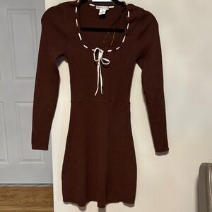 Sincerely Jules Brown Ribbed Long Sleeve Tie-Front Dress